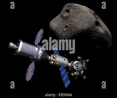A manned Asteroid Lander is docked to a combination Deep Space Vehicle (DSV) and Extended Stay Module (ESM) on a mission to a de Stock Photo