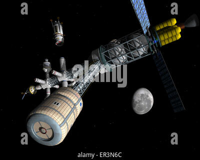 A living quarters module, secured to the end of a centrifuge boom, swings into the foreground while an unmanned cargo ship prepa Stock Photo