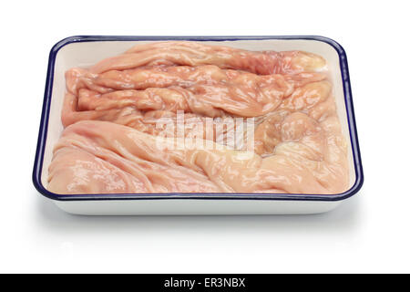 abomasum, rennet bag, reed tripe, the fourth stomach of a cow in butcher tray isolated on white background Stock Photo