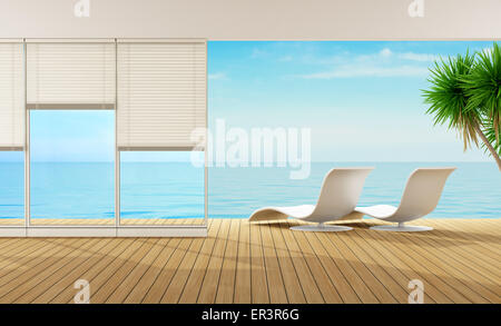 Modern living room of a house by the sea - 3D Rendering Stock Photo