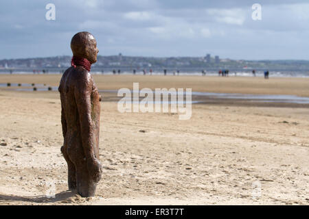 Liverpool, Merseyside, UK 26th May, 2015.  Cunard Queen Victoria departs from Liverpool, with crowds of onlookers viewing the departure from Crosby Beach, including one of Anthony Gornley's Iron Men.  Credit:  Mar Photographics/Alamy Live News Stock Photo