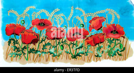 Photograph of silk painting of red poppy flowers and corn against blue sky using steam fixed dyes by Paula Chapman Stock Photo