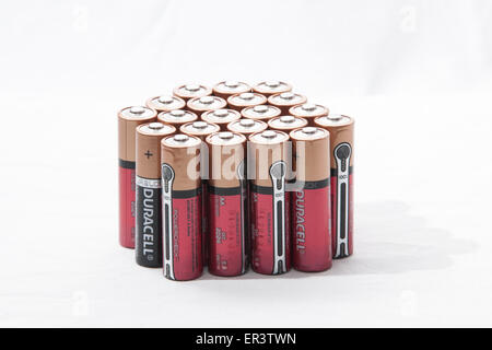 Still life image of AA Duracell batteries standing on end with a white background Stock Photo