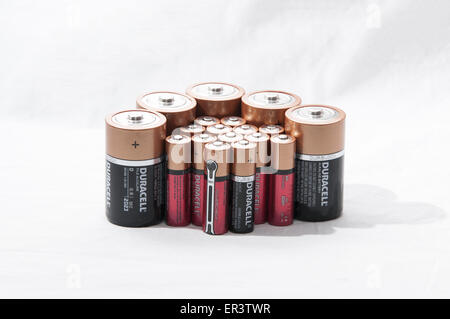 still life image of AA and D Duracell batteries on white background Stock Photo