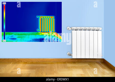 Infrared Thermal Image of Radiator Heater in room Stock Photo