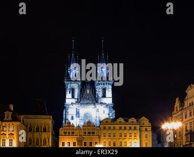 Night view of The gothic  Church of Mother of God in front of Tyn in Old Town Square in Prague Stock Photo