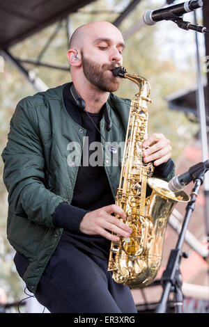 Irvine, California, USA. 16th May, 2015. Musician SAM HARRIS of X Ambassadors performs live during the KROQ Weenie Roast Y Fiesta at Irvine Meadows Amphitheatre in Irvine, California © Daniel DeSlover/ZUMA Wire/Alamy Live News Stock Photo