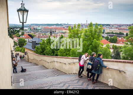 Tourists on the stairs leading to the Prague Castle. District of the Lesser Town (Mala Strana), Czech republic, Europe Stock Photo