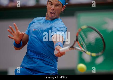 Paris, France. 26th May, 2015. Rafael Nadal of Spain competes during the men's singles first round match against Quentin Halys of France at 2015 French Open tennis tournament at Roland Garros, in Paris, France on May 26, 2015. Nadal won 3-0. Credit:  Chen Xiaowei/Xinhua/Alamy Live News Stock Photo