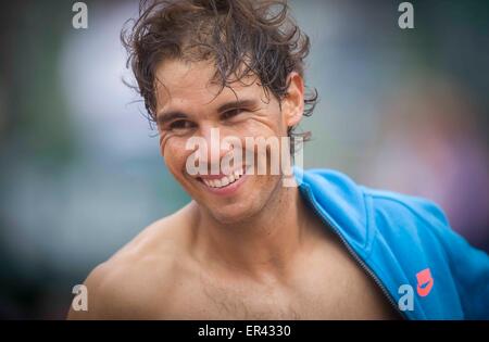 Paris, France. 26th May, 2015. Rafael Nadal of Spain reacts after the men's singles first round match against Quentin Halys of France at 2015 French Open tennis tournament at Roland Garros, in Paris, France on May 26, 2015. Nadal won 3-0. Credit:  Chen Xiaowei/Xinhua/Alamy Live News Stock Photo