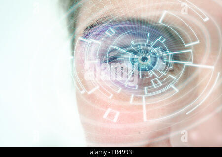Closeup of woman eye with visual effects, isolated on white background. Horizontal. Futuristic vision, vision and control and protection of data. Stock Photo