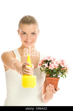 Beautiful young woman maintaning flower. Isolated on white background Stock Photo