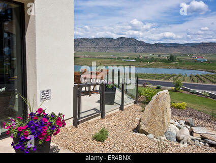 Patio and beautiful view from the Maverick Estate Winery in the South Okanagan area of British Columbia, Canada. Stock Photo