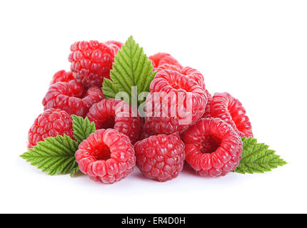 Raspberry fruit closeup with leaf isolated on white Stock Photo