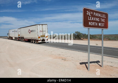 Signpost telling people they are passing the 26th Parallel in Western Australia.The 26th parallel south latitude is a circle of Stock Photo