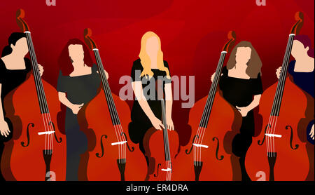 Illustration of female musicians playing cellos Stock Photo