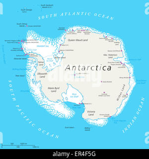 Antarctica Political Map with south pole, scientific research stations and ice shelfs. English labeling and scaling. Stock Photo
