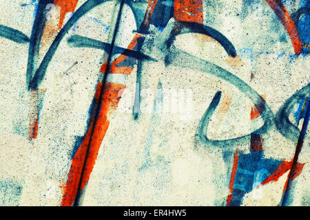 Abstract colorful graffiti fragment over old garage metal wall, vintage tonal photo filter effect, retro style Stock Photo