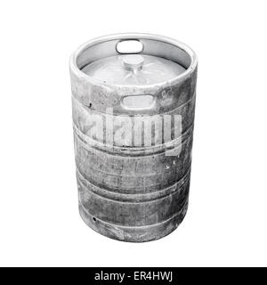 Used aluminum keg, a small barrel commonly used to store, transport, and serve beer. Closeup photo isolated on white Stock Photo