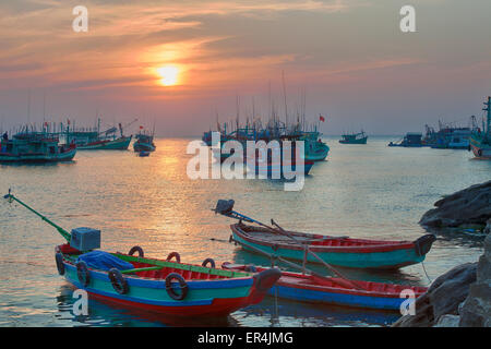 Traditional blue wooden fishing boats in the ocean, Asia Stock Photo