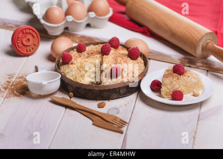 Raspberries pie on wooden plank. Debica, Poland Stock Photo