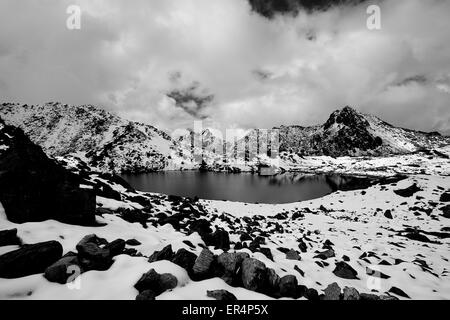 Gosaikunda - a frozen lake high up in Himalayas, in Nepal's Langtang National Park Stock Photo