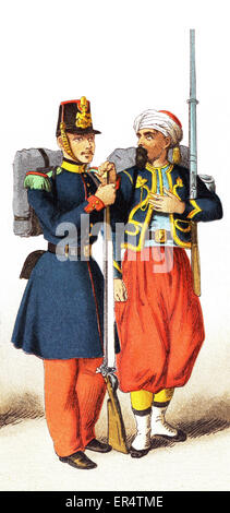 The figures represented here date to between 1834-1864 are, from left to right:  infantry of the line and Zouave. This illustration dates to 1882. Stock Photo