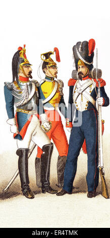 The figures represented here date to between 1834-1864 are, from left to right: cuirassier, lancer, and grenadier. This illustration dates to 1882. Stock Photo