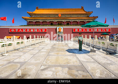 A soldier guards the Tiananmen Gate at Tiananmen Square. Stock Photo