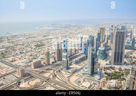 View of Sheikh Zayed Road from Burj Khalifa observation deck, Dubai City, United Arab Emirates, UAE, Middle East Stock Photo