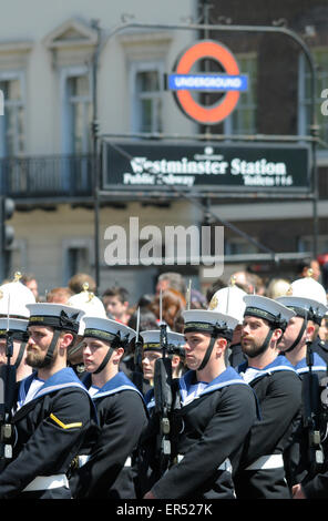 London, UK. 27th May, 2015. State Opening of Parliament. Sailors marching past Westminster underground station in Parliament Square Stock Photo