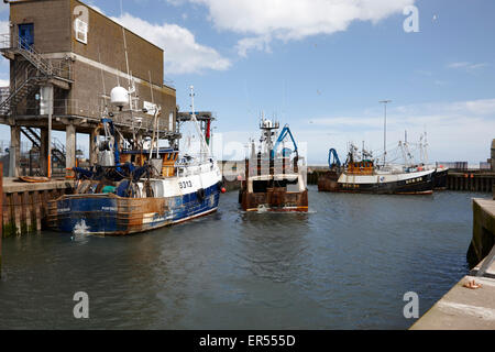 fishing boats fill up with ice at Kilkeel fishing harbour county down northern ireland Stock Photo