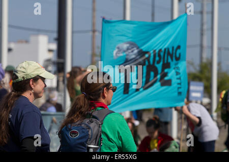 Protest Against Royal Dutch Shell's Floating Oil Drill Rig, Polar Pioneer, Seattle, Washington, USA, May 18, 2015 Stock Photo