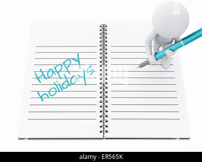 3d renderer illustration. White people writing happy holidays on notebook page. Stock Photo
