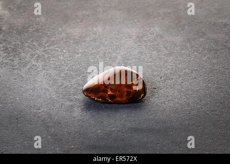 Piece of pietersite originating from Namibia Africa on stone surface. Metamorphic gem stone type of tiger eye. Stock Photo