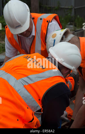 Railway workers from Signalling Solutions and Alstom working trackside ...