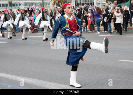 Athens, Greece, - April 05, 2015: A solemn military parade of soldiers  wearing traditional  uniforms going down the streets of  Stock Photo