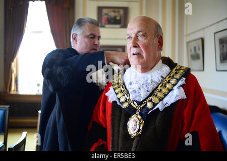 Mayor of Barnsley 2015/16 councillor Brian Mathers receiving his chain of office at Barnsley Town Hall. Picture: Scott Bairstow Stock Photo