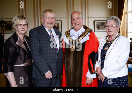 Mayor of Barnsley 2015/16 councillor Brian Mathers (2nd right) with his wife Mary (right) at Barnsley Town Hall. Stock Photo