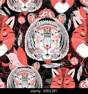 graphic pattern of portraits of beautiful tigers and foxes on a black background Stock Vector
