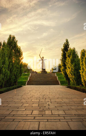 'The Motherland Calls' is a concrete statue on Mamayev Kurgan in Volgograd, Russia, commemorating the Battle of Stalingrad. Stock Photo