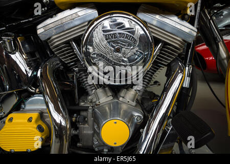 BERLIN - MAY 10, 2015: The Harley-Davidson Twin Cam engine close-up. 28th Berlin-Brandenburg Oldtimer Day Stock Photo