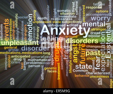 Background concept wordcloud illustration of anxiety glowing light Stock Photo