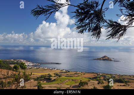 View over Praia with Iheu da Praia, Island of Graciosa, Azores, Portugal Stock Photo