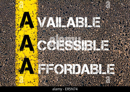 Concept image of Business Acronym AAA as AVAILABLE, ACCESSIBLE, AFFORDABLE written over road marking yellow paint line. Stock Photo