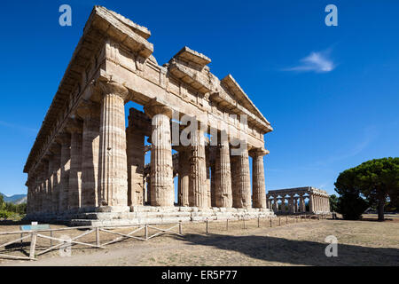 Poseidon Temple, Neptune Temple, Hera Temple in the background, historic town of Paestum in the Gulf of Salerno, Capaccio, Campa Stock Photo