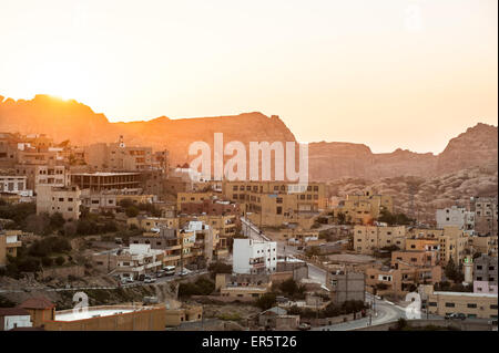 View over Wadi Musa to Petra in sunset, Jordan, Middle East Stock Photo