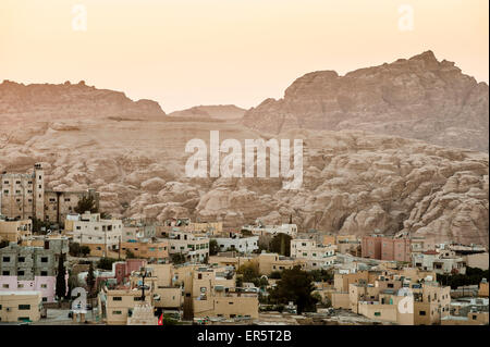 View over Wadi Musa to Petra in sunset, Jordan, Middle East Stock Photo