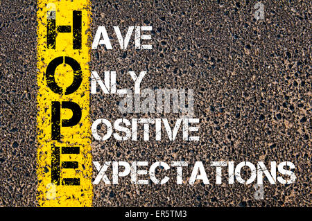 Concept image of Business Acronym HOPE as HAVE ONLY POSITIVE EXPECTATIONS  written over road marking yellow paint line. Stock Photo