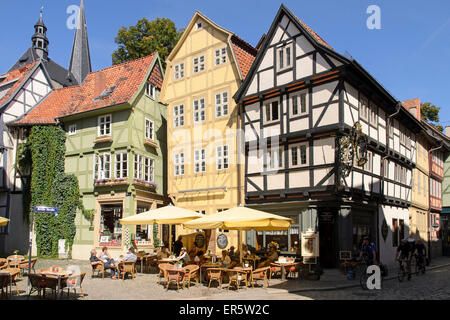 Half-timbered houses and Cafe at Hoken, Quedlinburg, Harz, Saxony-Anhalt, Germany, Europe Stock Photo
